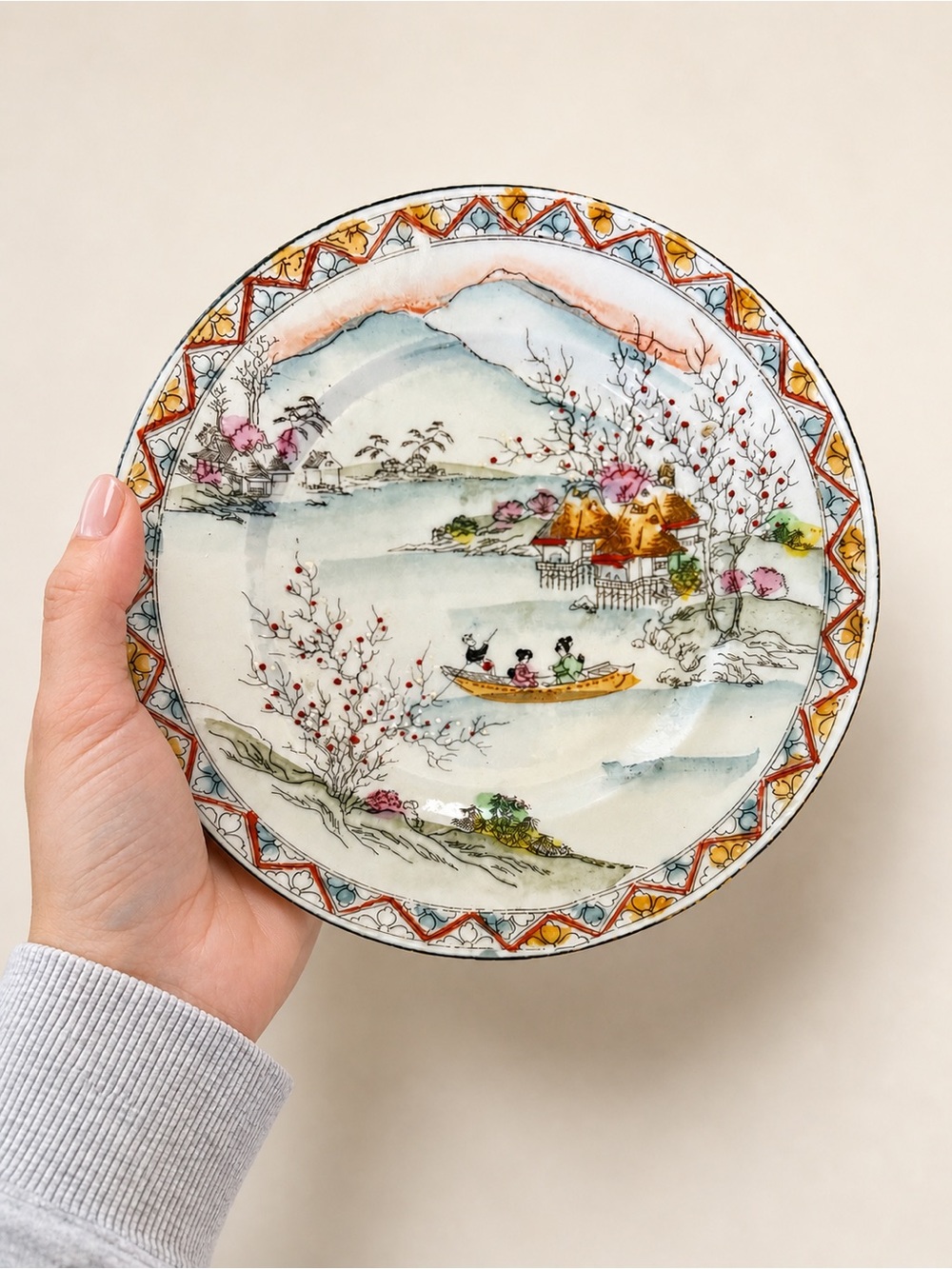 5 / $40 Vintage Japanese Scenic Plate Hand Painted Cherry Blossom Decor - Picture 2 of 4